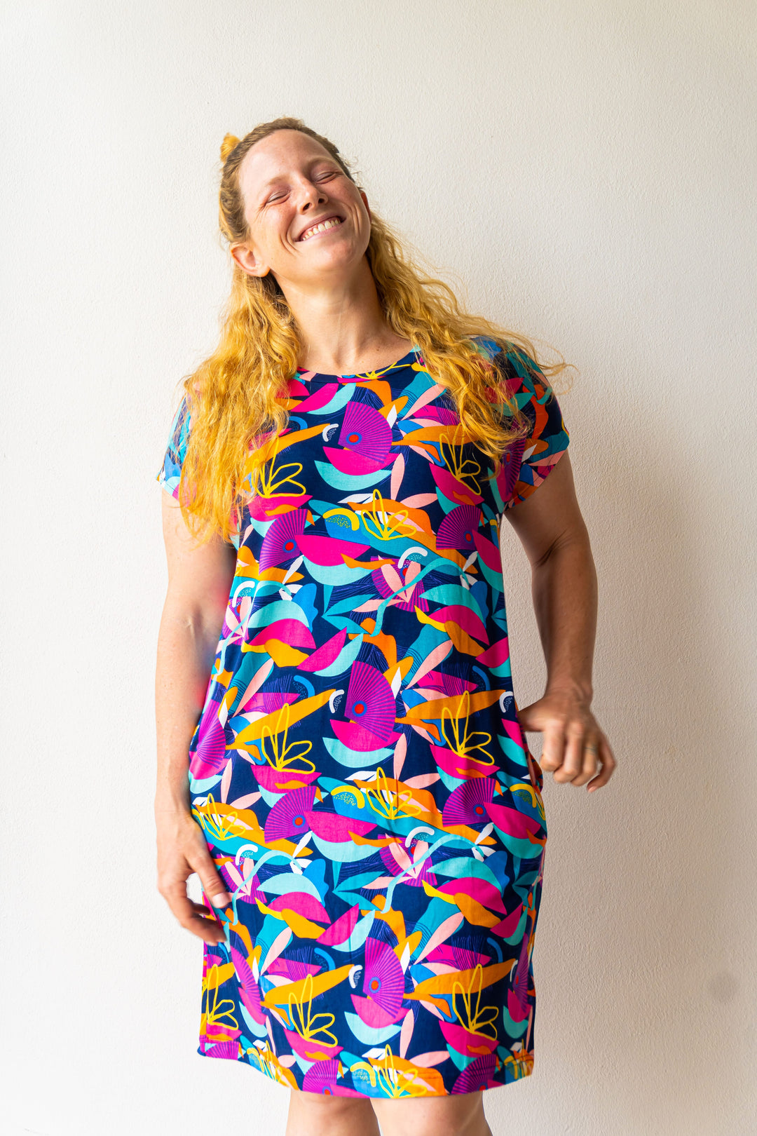 Woman wearing bamboo nightie in unique print by kip and boo