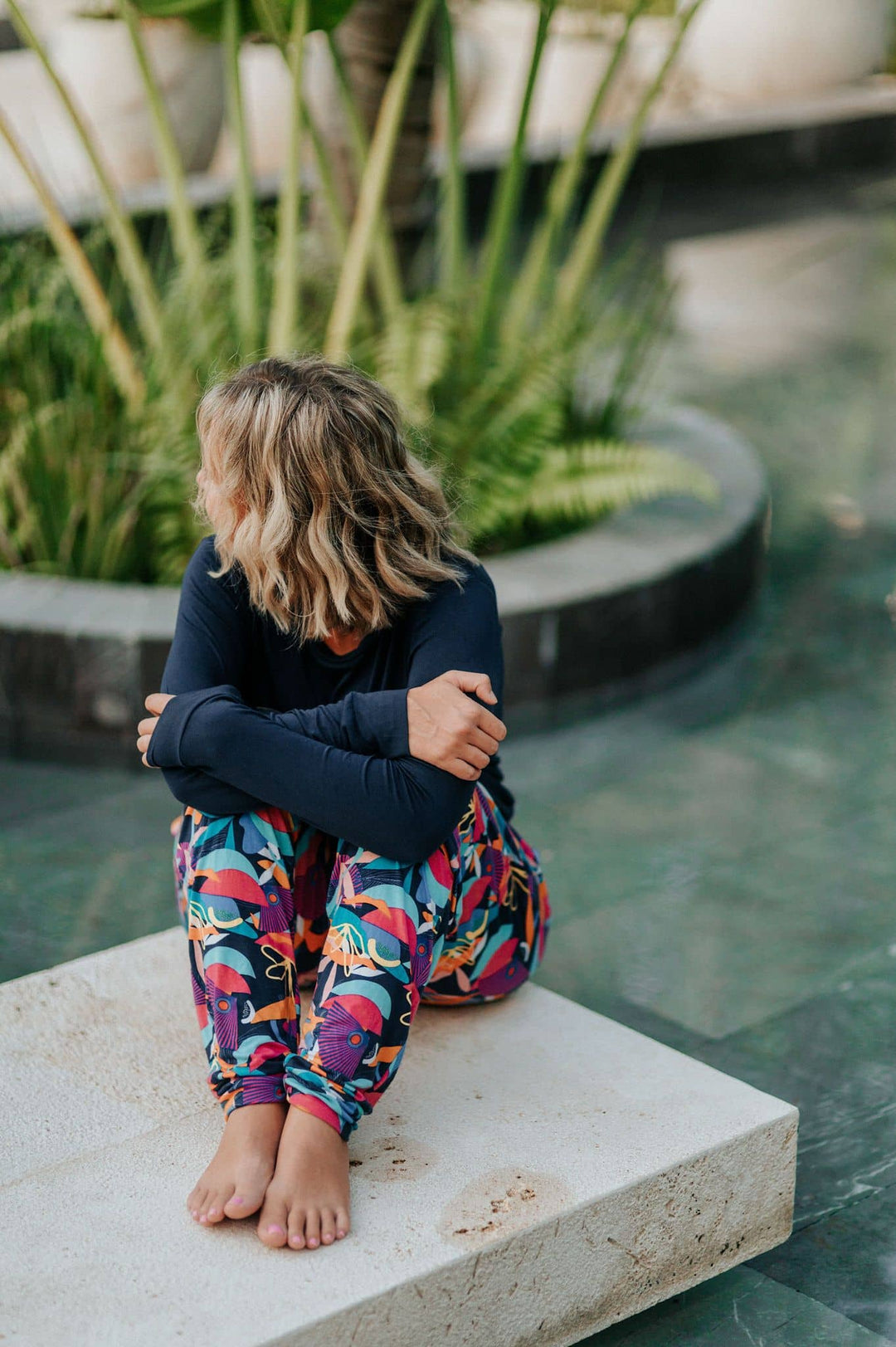 cancun print sinched ankles tapered pants slouch style all day lounge pants plane trip outfit