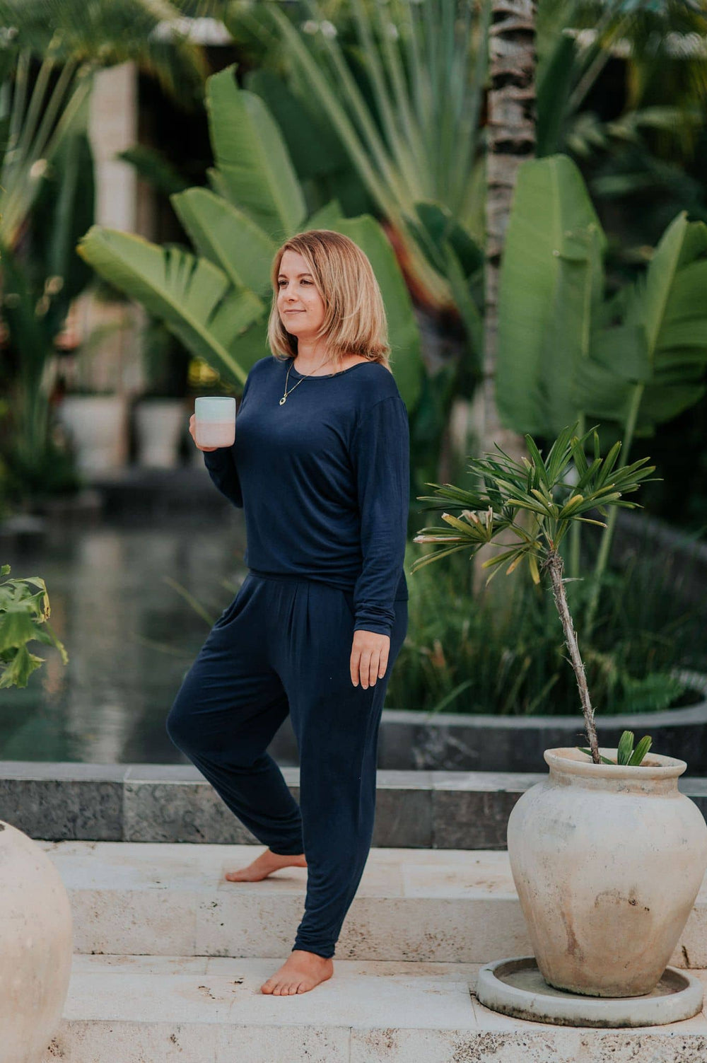 Relaxed fit bamboo sleepwear top and pants combo navy blue dark all day wear