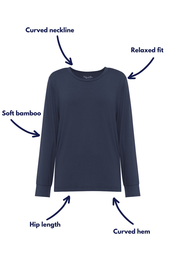 bamboo pj top curved neckline relaxed fit soft bamboo hip length curved hem
