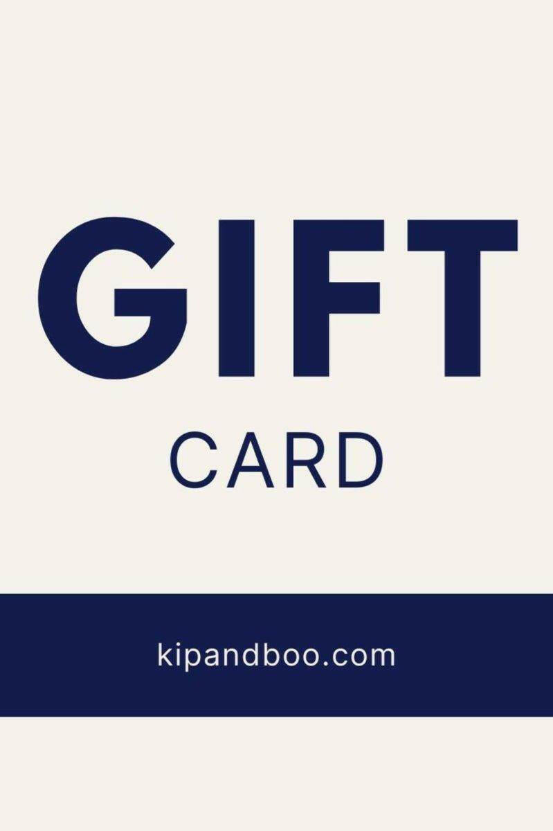 Kip &amp; Boo digital gift card for sustainable bamboo sleepwear, featuring navy text on a cream background.