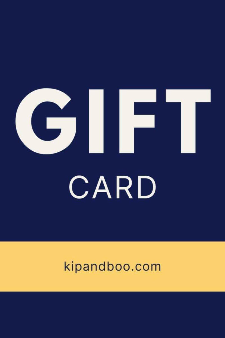 Kip &amp; Boo Digital Gift Card for sustainable bamboo sleepwear featuring bold white text on navy and yellow backgrounds.