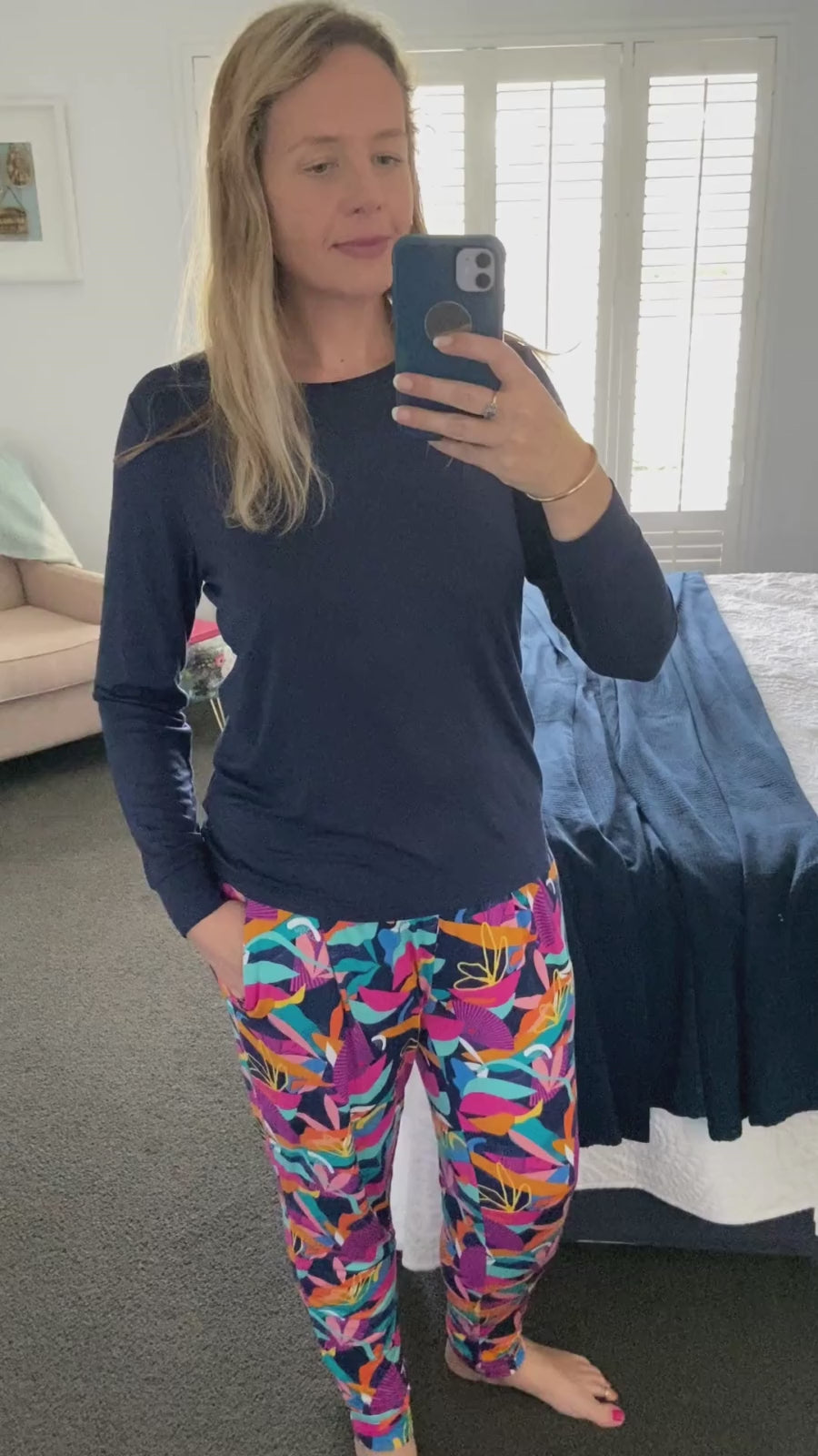 Model in Kip & Boo bamboo sleepwear, featuring a Seminyak top and Cancun pants combo, showcasing eco-friendly and stylish women's nightwear in Australia