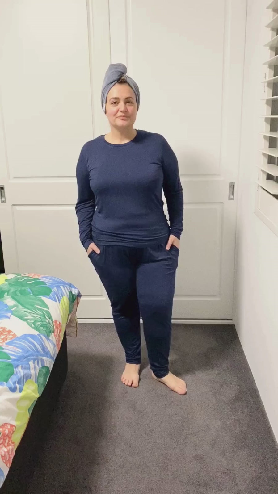 Model wearing Seminyak bamboo pants by Kip & Boo, showcasing stylish and eco-friendly women's nightwear available in Australia